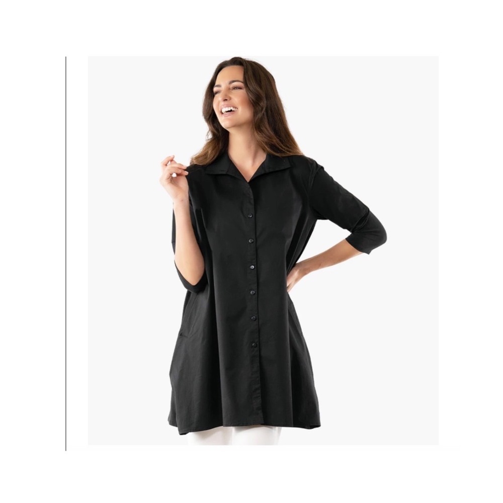 Stella Carakasi Natural Lux Black Organic Cotton Modal Pleated Tunic Shirt L